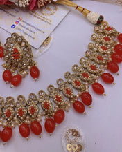 Load image into Gallery viewer, BANI Antique Gold Polki Kundan Necklace Set - RED