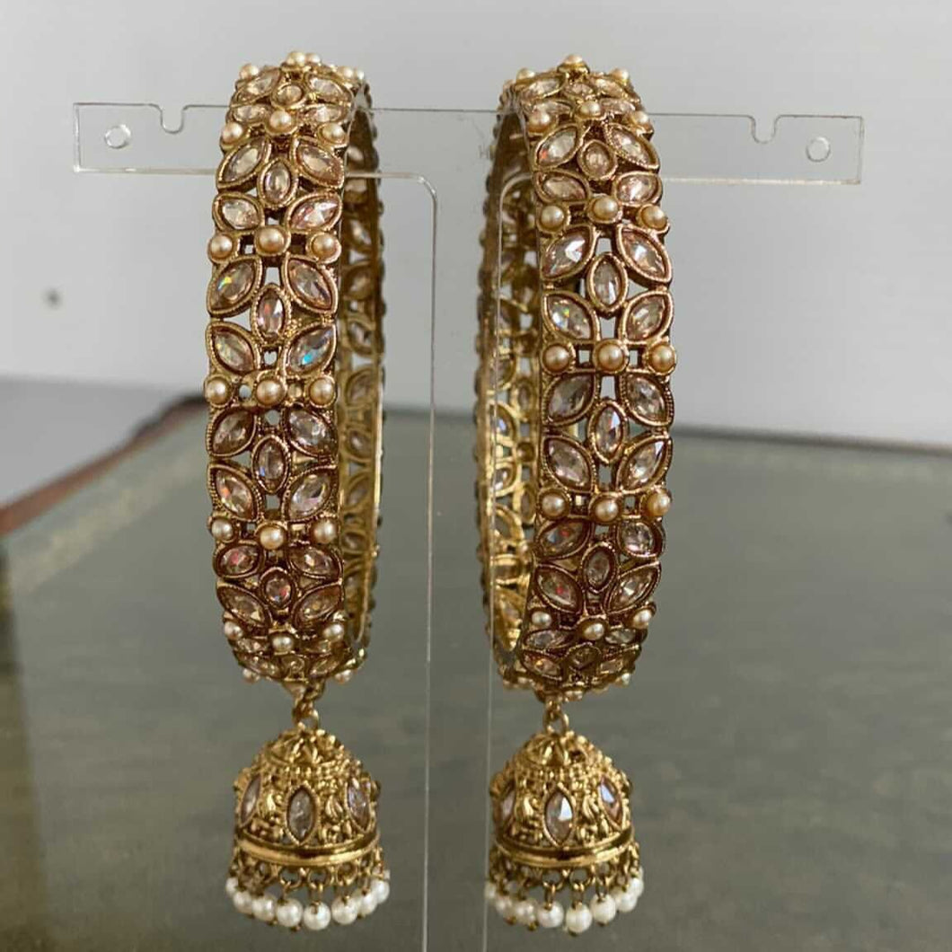 PAIR OF ANTIQUE GOLD 'KINJAL' POLKI KANGAN KARAY WITH JHUMKI/DROP