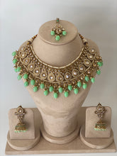 Load image into Gallery viewer, MINT GREEN ANTIQUE GOLD &#39;AVREEN&#39; NECKLACE JEWELLERY SET WITH JHUMKI EARRINGS
