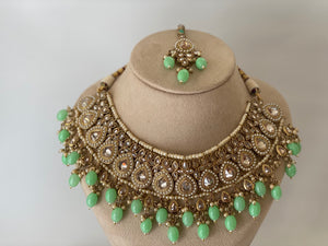 MINT GREEN ANTIQUE GOLD 'AVREEN' NECKLACE JEWELLERY SET WITH JHUMKI EARRINGS