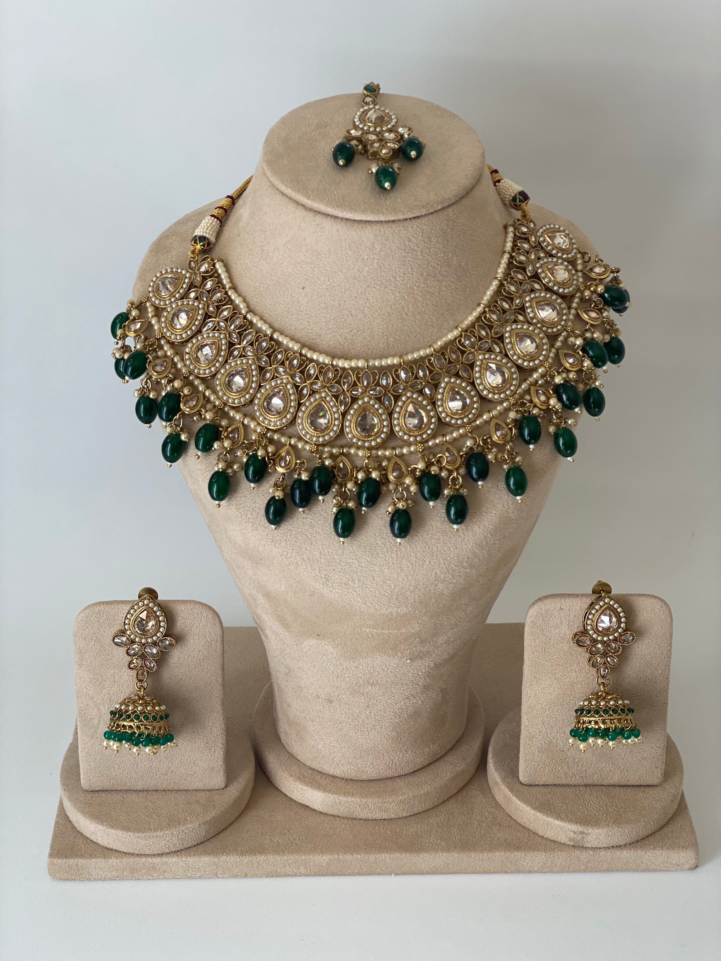 American Diamond Studded Sea Green Necklace Set