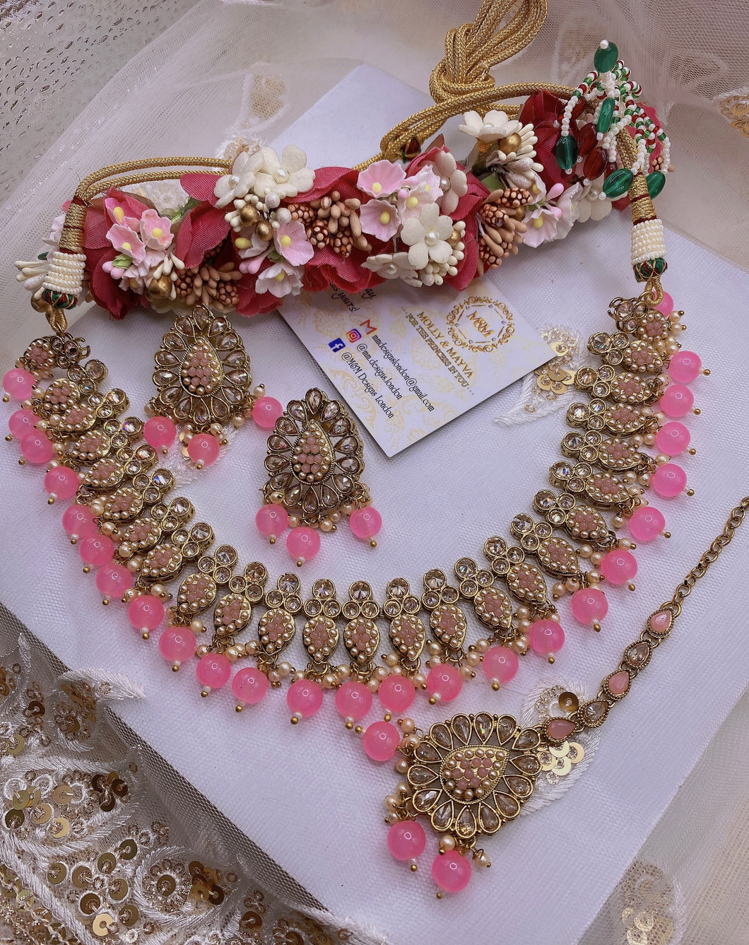 BANI Antique Gold Polki Kundan Necklace Set - PINK