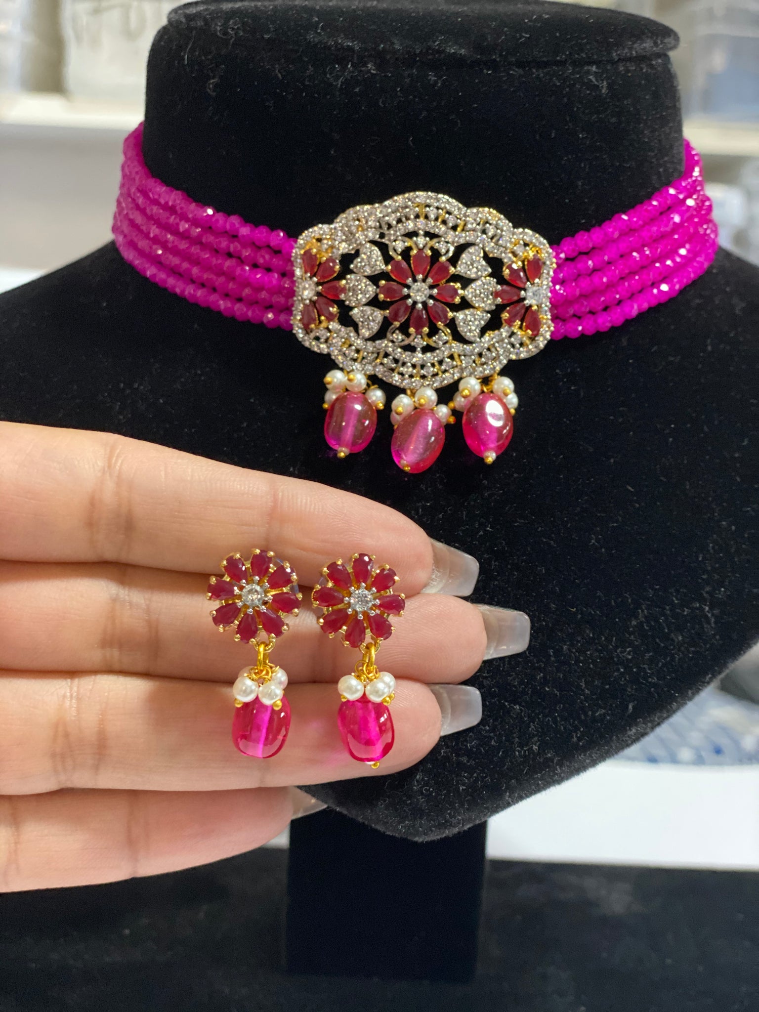 Beautiful 'AVI' American diamond NECKLACE/Choker SET- Hot-pink
